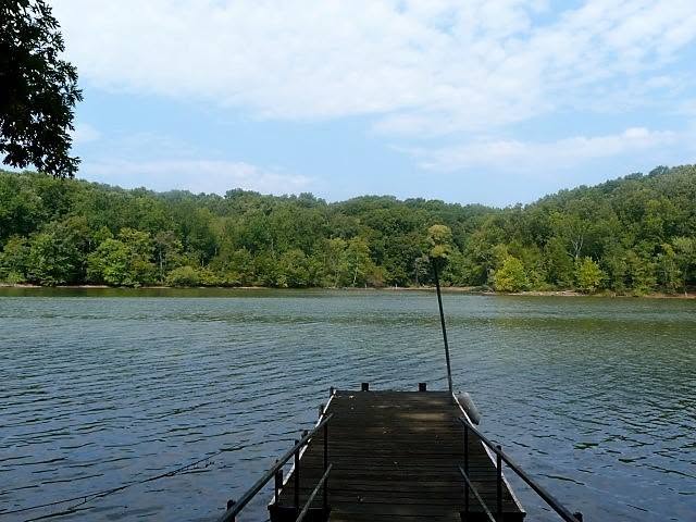 Scenic lake landscape featuring a wooden boat dock extending into calm water, surrounded by dense green forested hills under a partly cloudy sky.
